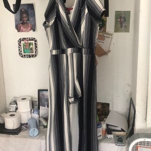 Navy blue and white strip romper with long tail